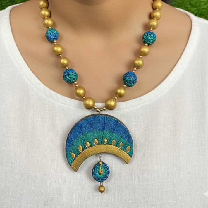 Handmade Blue Green Terracotta Necklace Set – Premium Festive Temple Jewellery for Saree| SHOBITAM