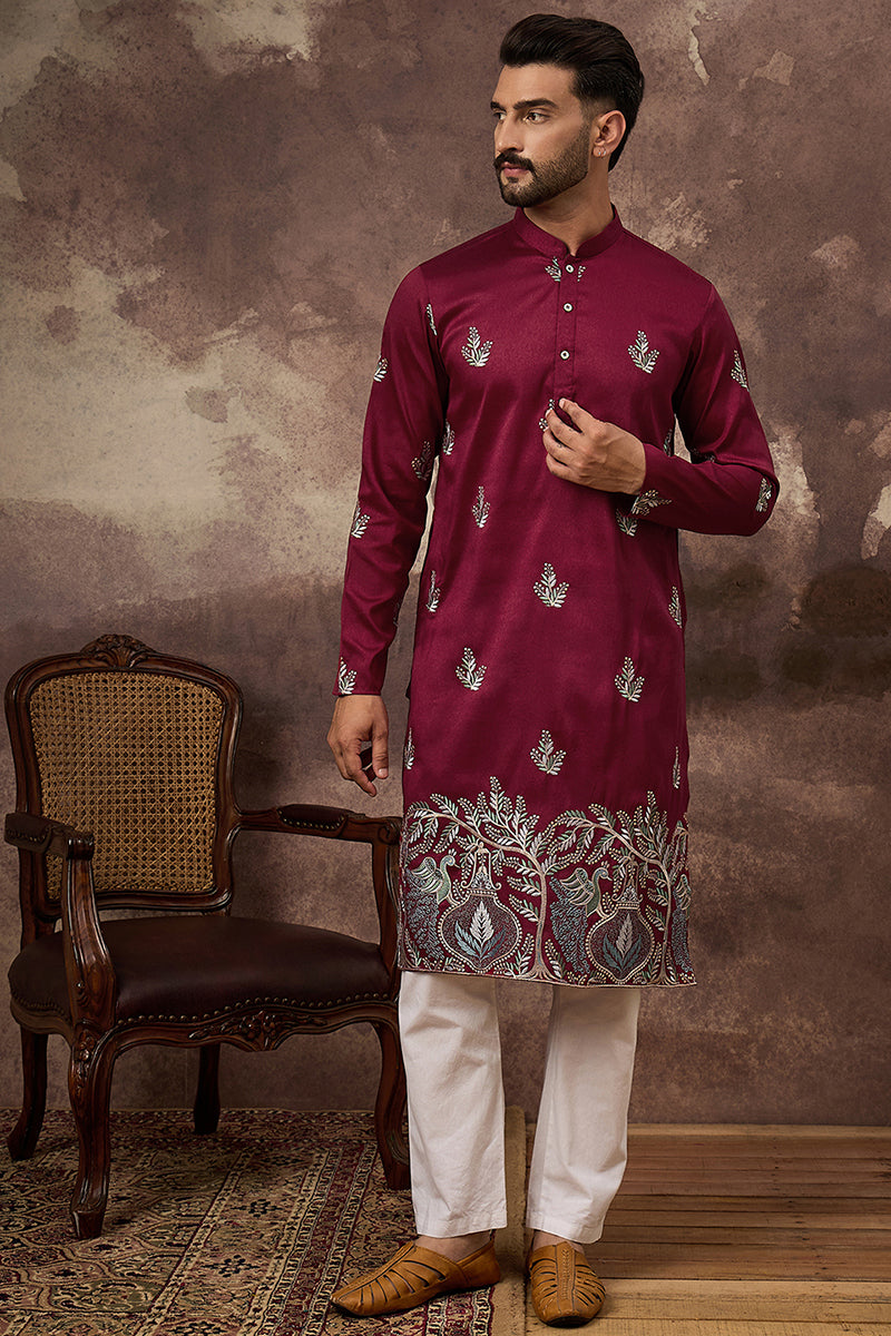 Maroon Silk Blend Solid Embroidered Straight Kurta with Trouser  | SHOBITAM