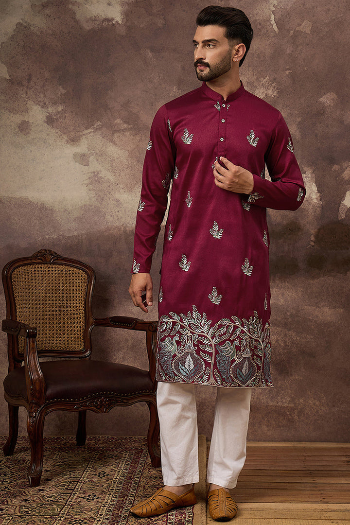 Maroon Silk Blend Solid Embroidered Straight Kurta with Trouser  | SHOBITAM