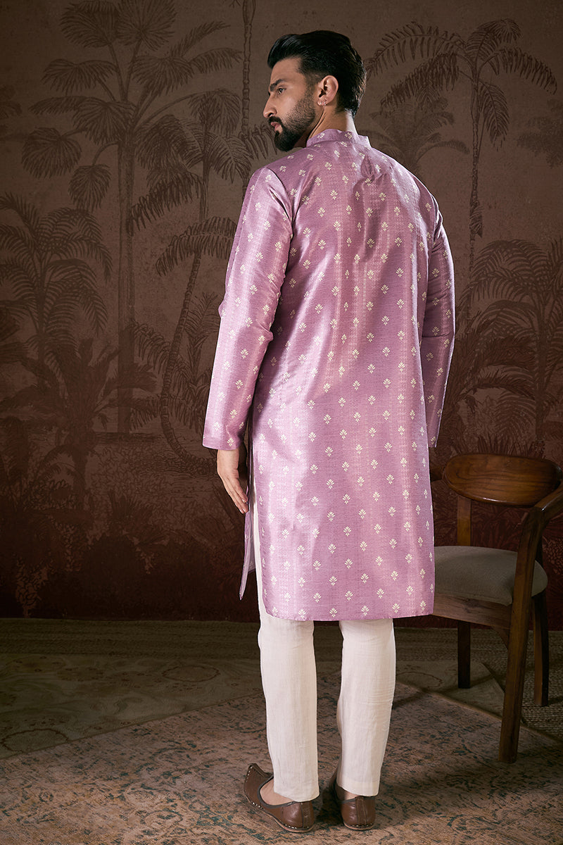 Lavender Silk Blend Floral Printed Straight Kurta For Men | SHOBITAM