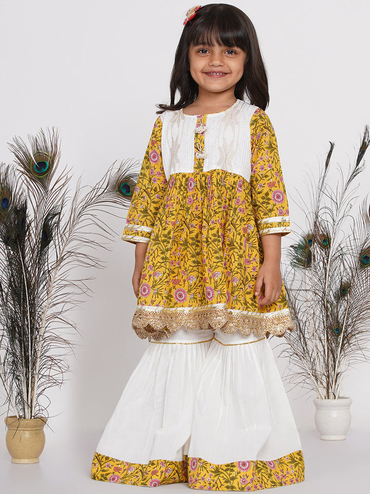 Girls Floral Kurta Frock with Sharara and Dupatta - White & Yellow | SHOBITAM