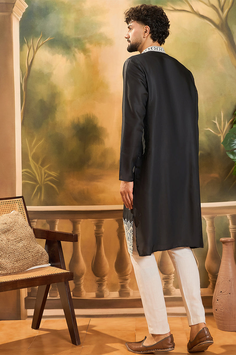 Black Silk Blend Solid Embroidered Straight Kurta | SHOBITAM
