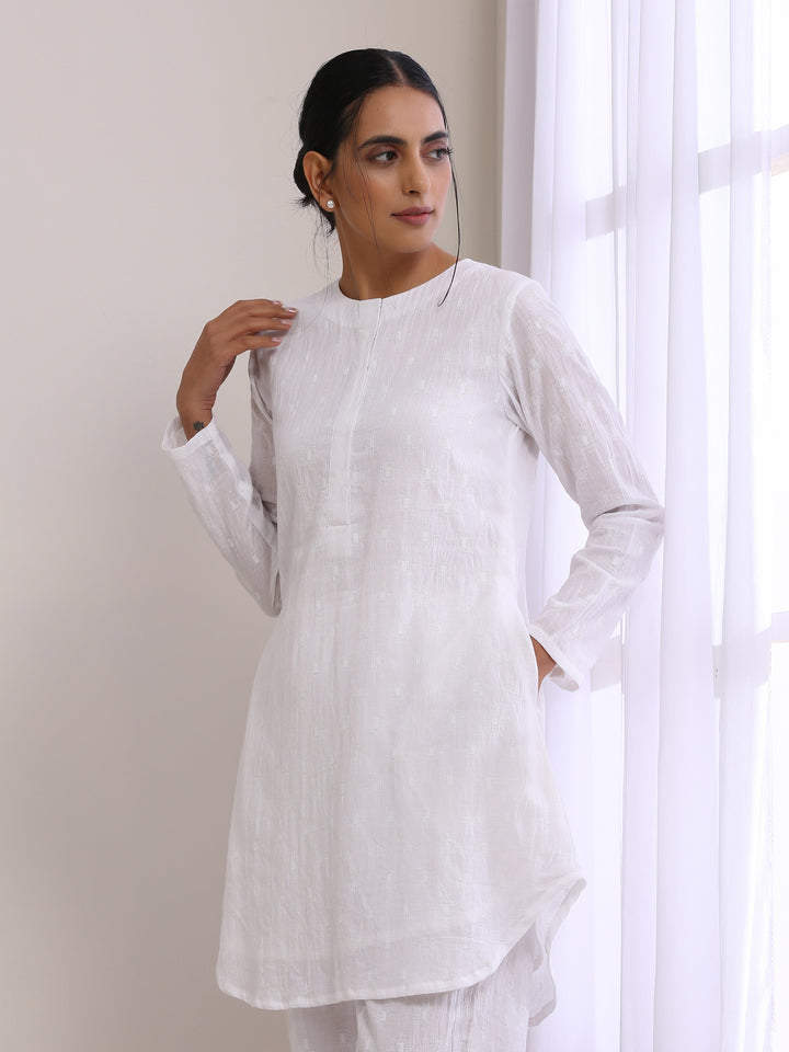 White Dobby Front Placket Co-Ord Set  | SHOBITAM