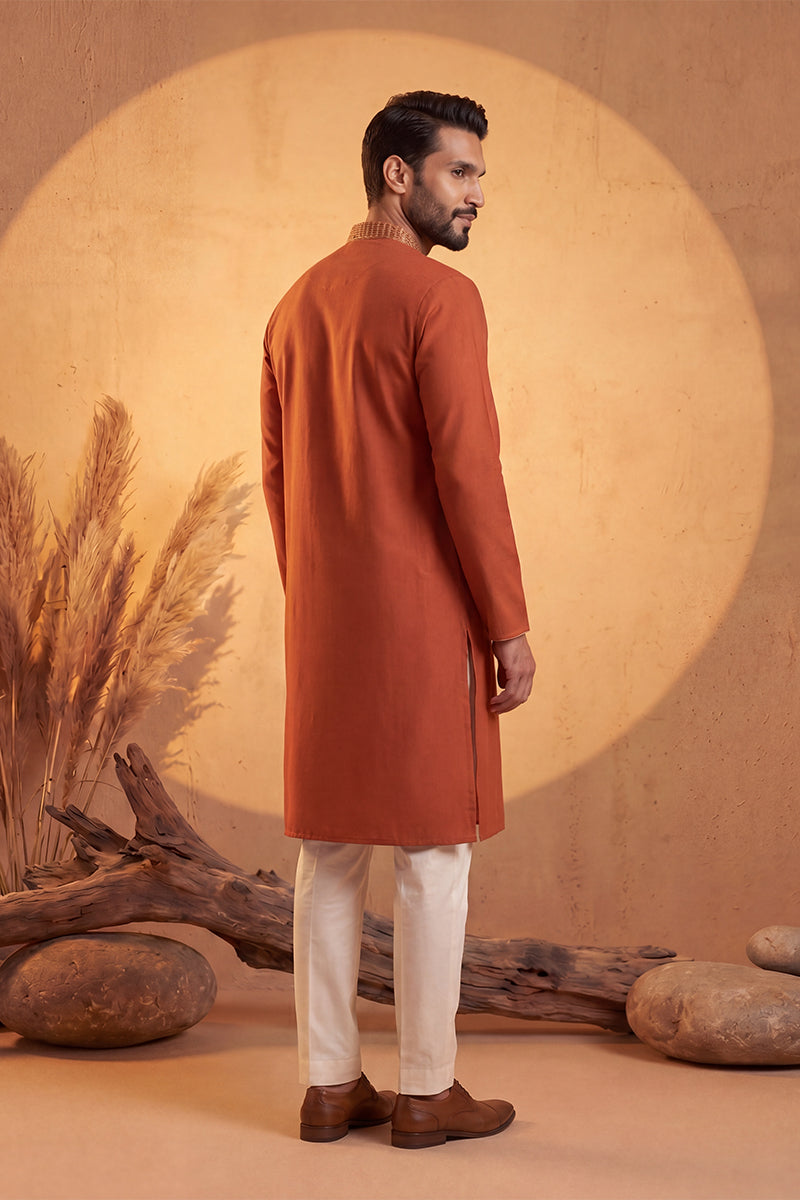 Mens Orange Silk Blend Solid Emboidered Straight Kurta With Trouser | SHOBITAM