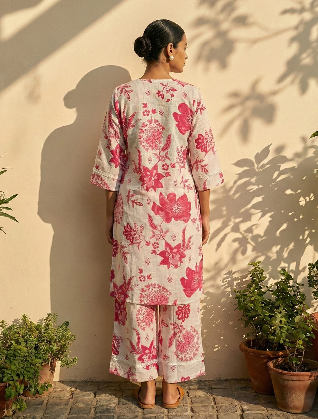 White Pink Floral Print Kurta Pant Set | SHOBITAM