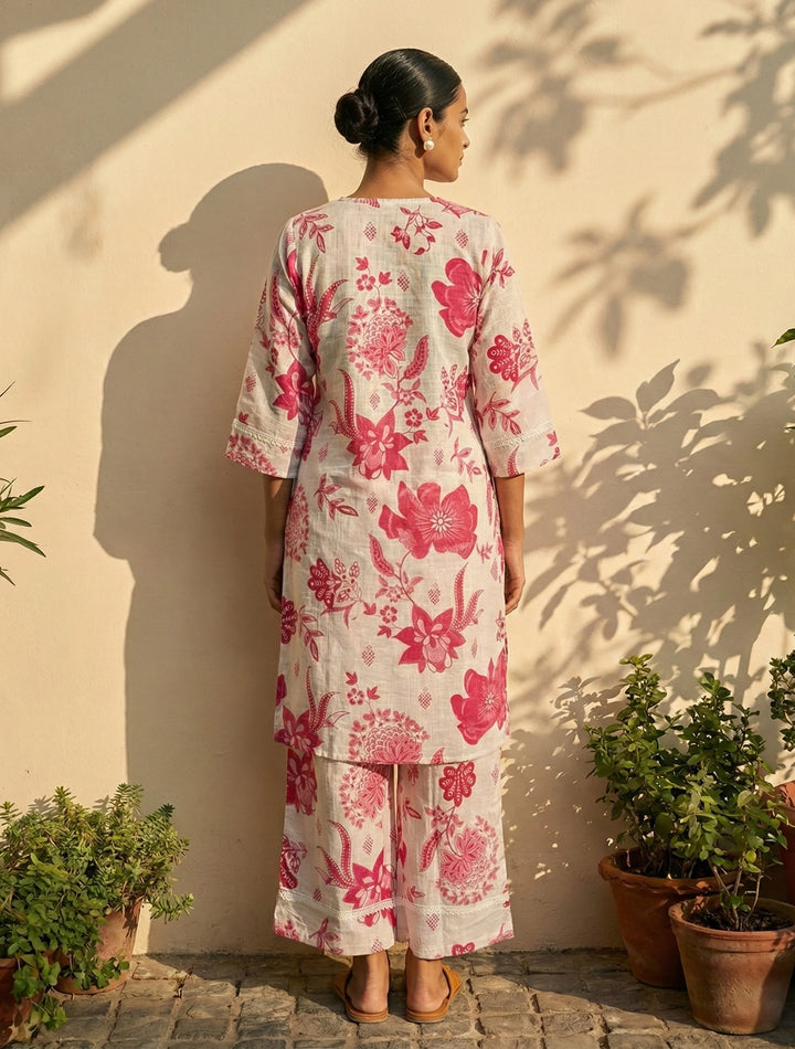 White Pink Floral Print Kurta Pant Set | SHOBITAM