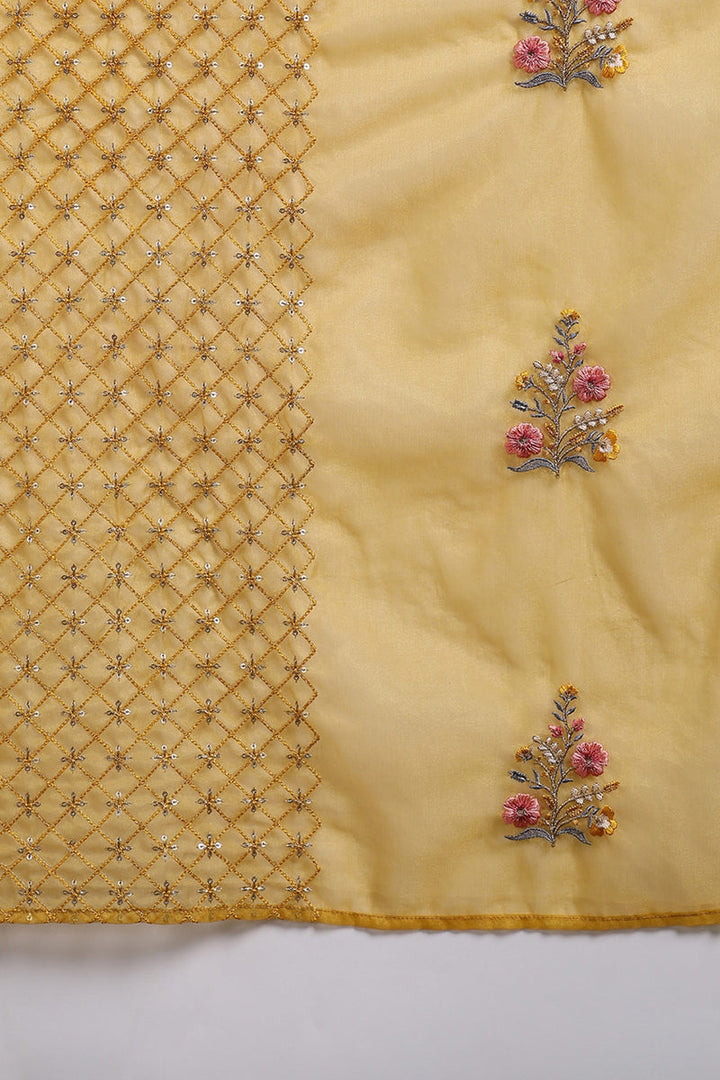 Mustard Yellow Silk Blend Floral Embroidered Straight Suit Set | SHOBITAM