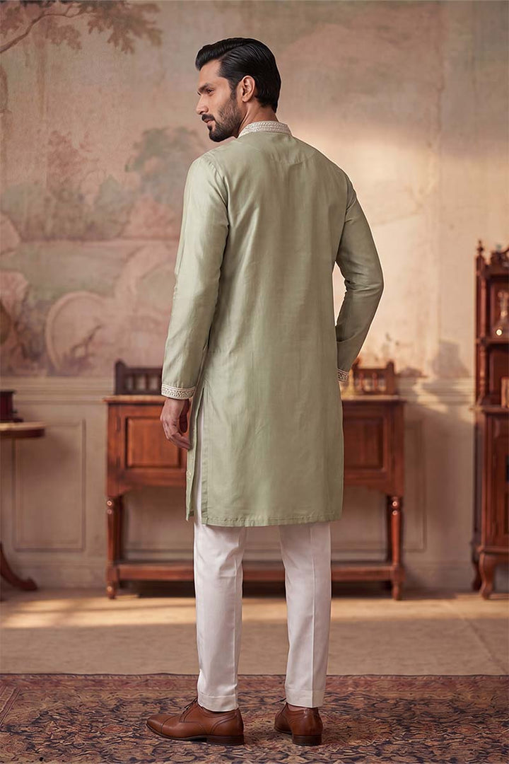 Mens Green Silk Blend Solid Embroidered Kurta With Trousers | SHOBITAM