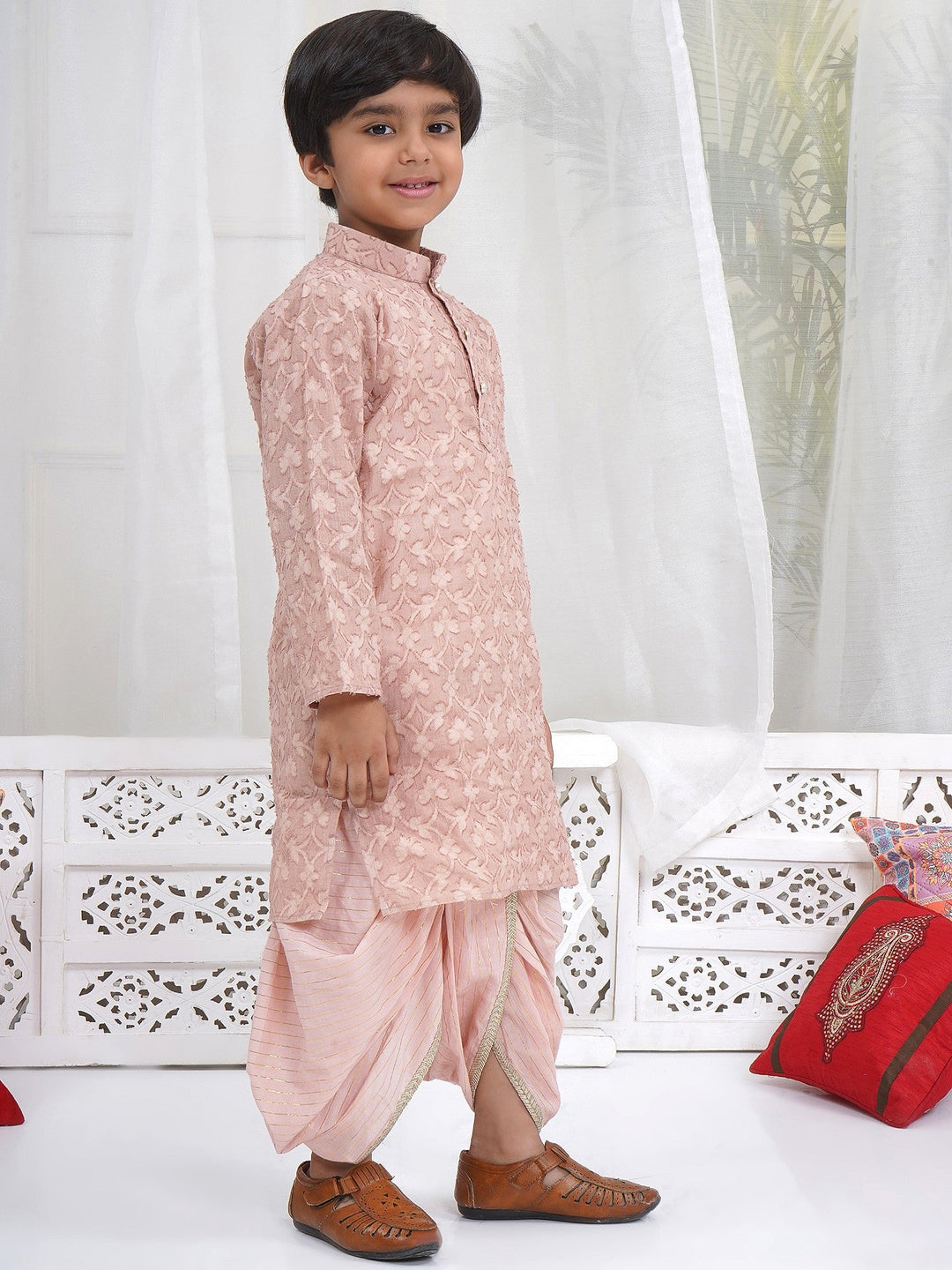 Boys Cotton Full Sleeves Self Weaving Kurta with Dhoti and Pearl Buttons - Mocha Brown | SHOBITAM