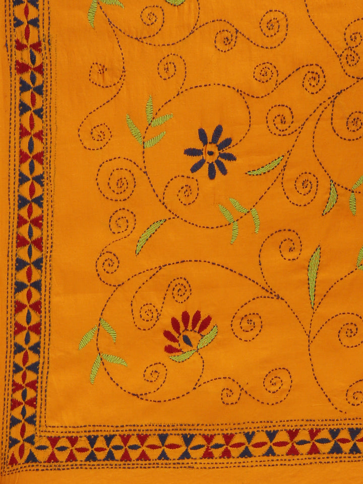 Yellow Kantha Embroidered Cotton Dupatta | SHOBITAM