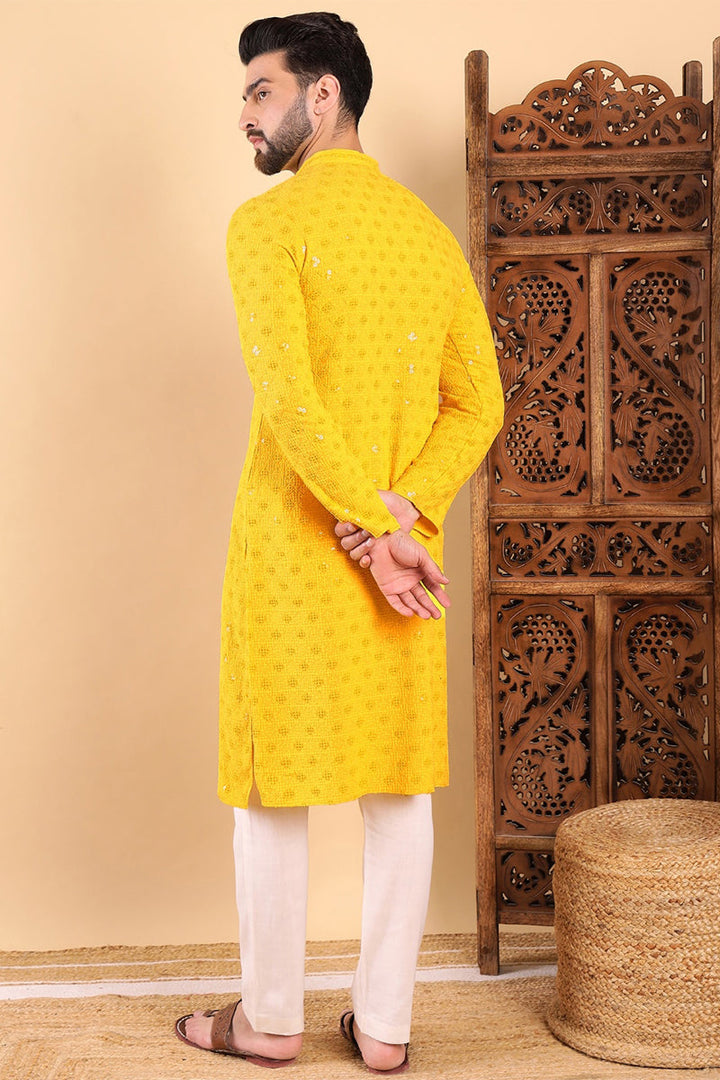 Yellow Viscose Rayon Solid Embroidered Straight Kurta For Men | SHOBITAM