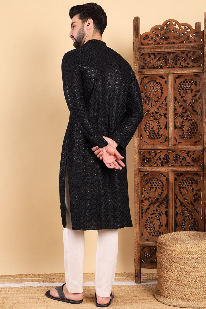 Black Viscose Rayon Solid Embroidered Straight Kurta For Men | SHOBITAM