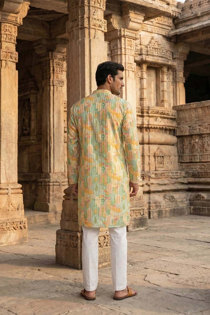 Green Silk Blend Printed Straight Kurta | SHOBITAM