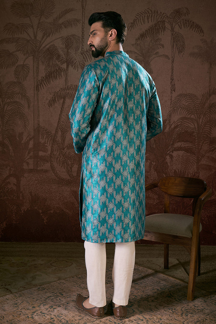 Turquoise Blue Silk Blend Chevron Printed Straight Kurta For Men | SHOBITAM