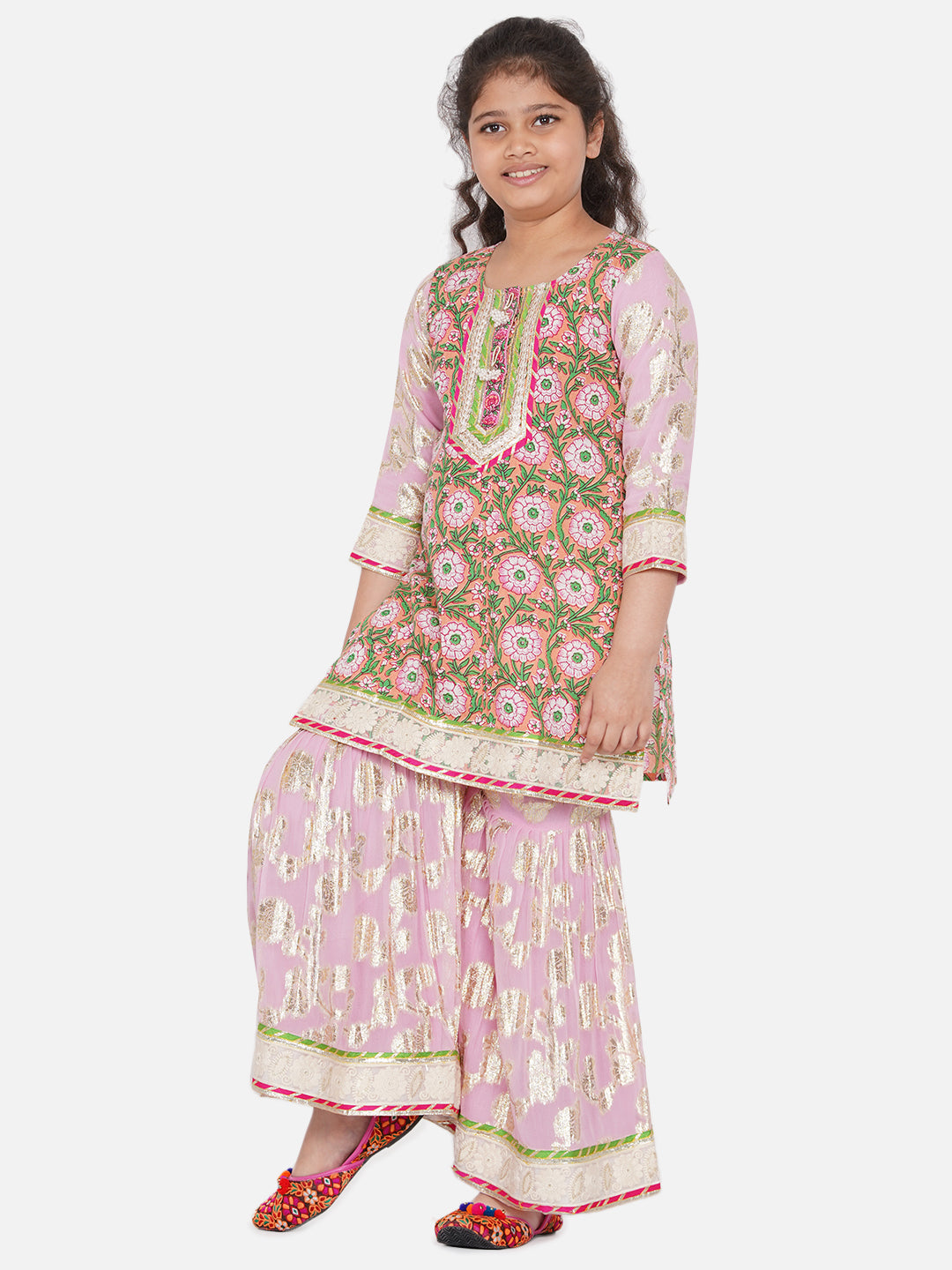 Girls Bengali Lace work Floral Kurta with Embellished Sharara & Duppata in Pink | SHOBITAM