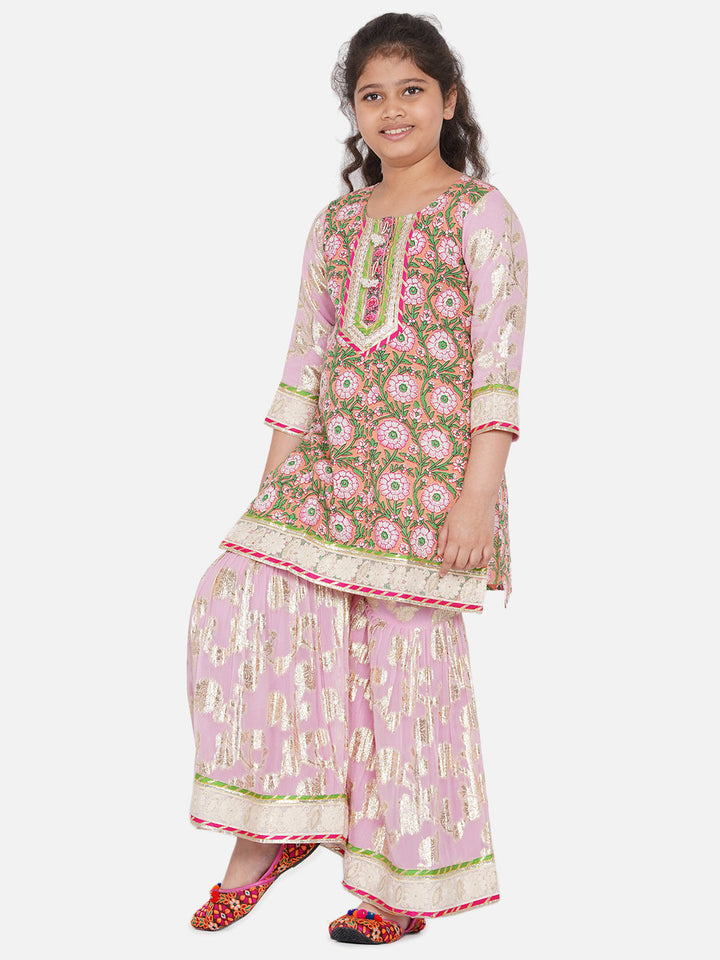 Girls Bengali Lace work Floral Kurta with Embellished Sharara & Duppata in Pink | SHOBITAM
