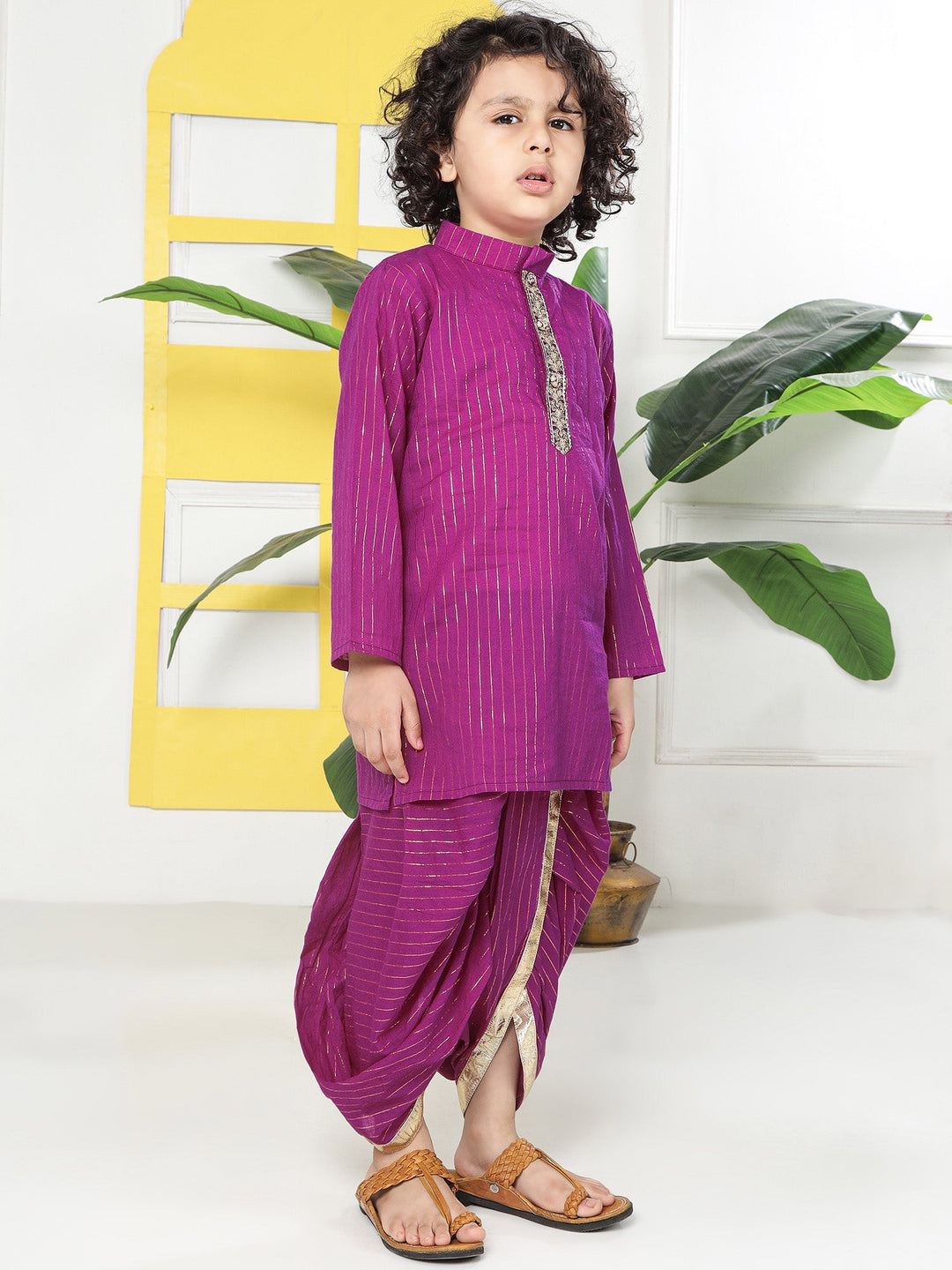 Purple Lurex Striped Cotton Kurta Dhoti set | SHOBITAM