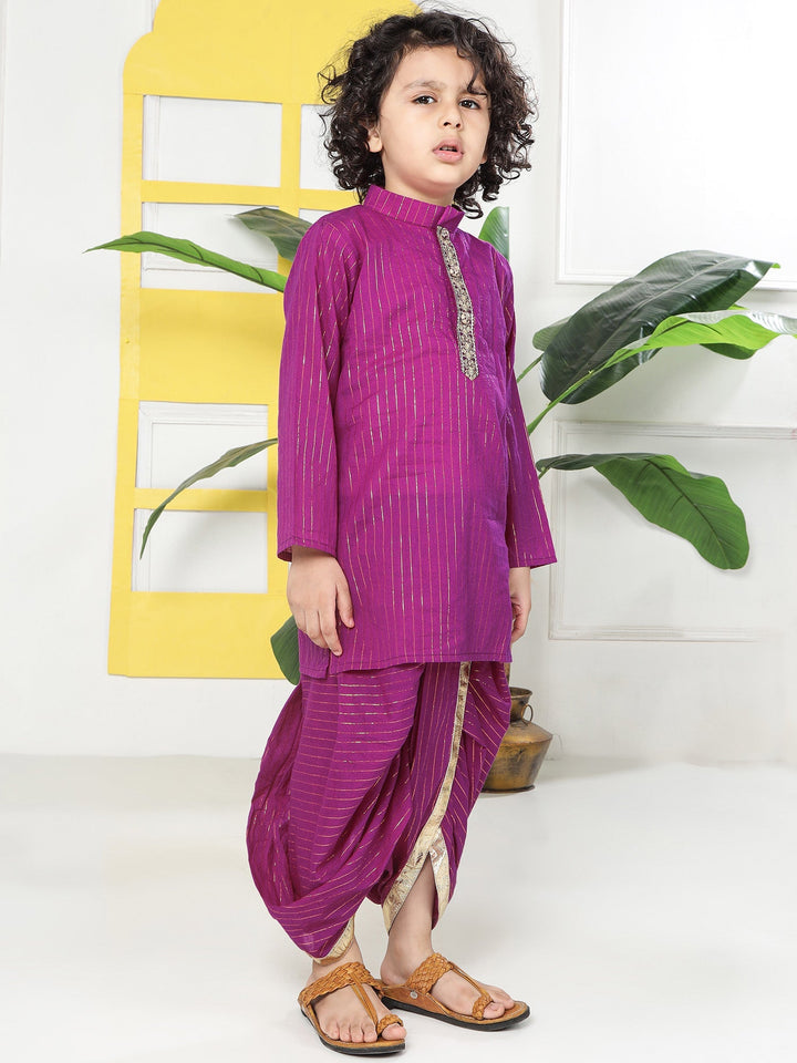 Purple Lurex Striped Cotton Kurta Dhoti set | SHOBITAM