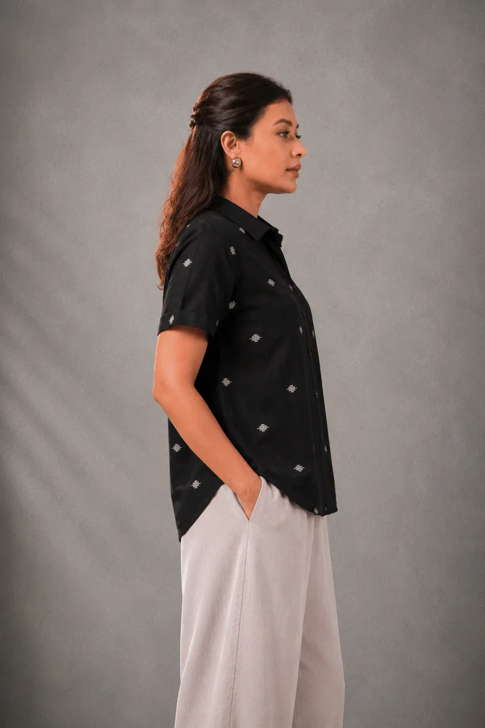 Black Yantra Motifs Jamdani Shirt | SHOBITAM