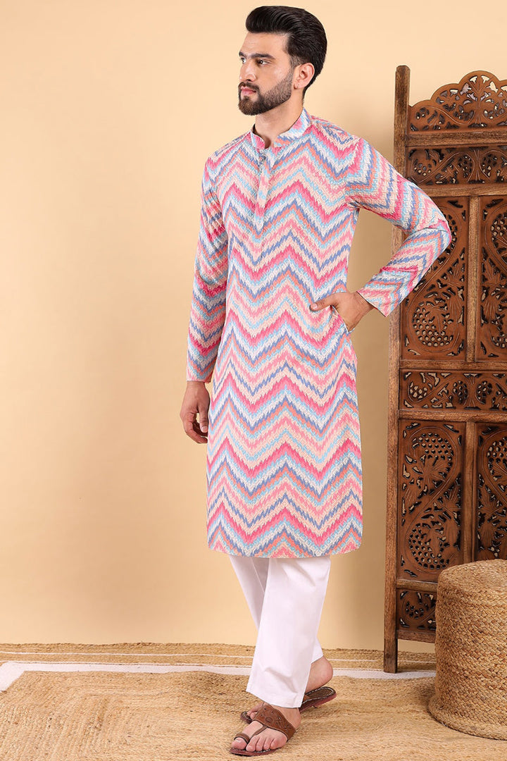 Pink Viscose Rayon Ikat Embroidered Straight Kurta For Men | SHOBITAM