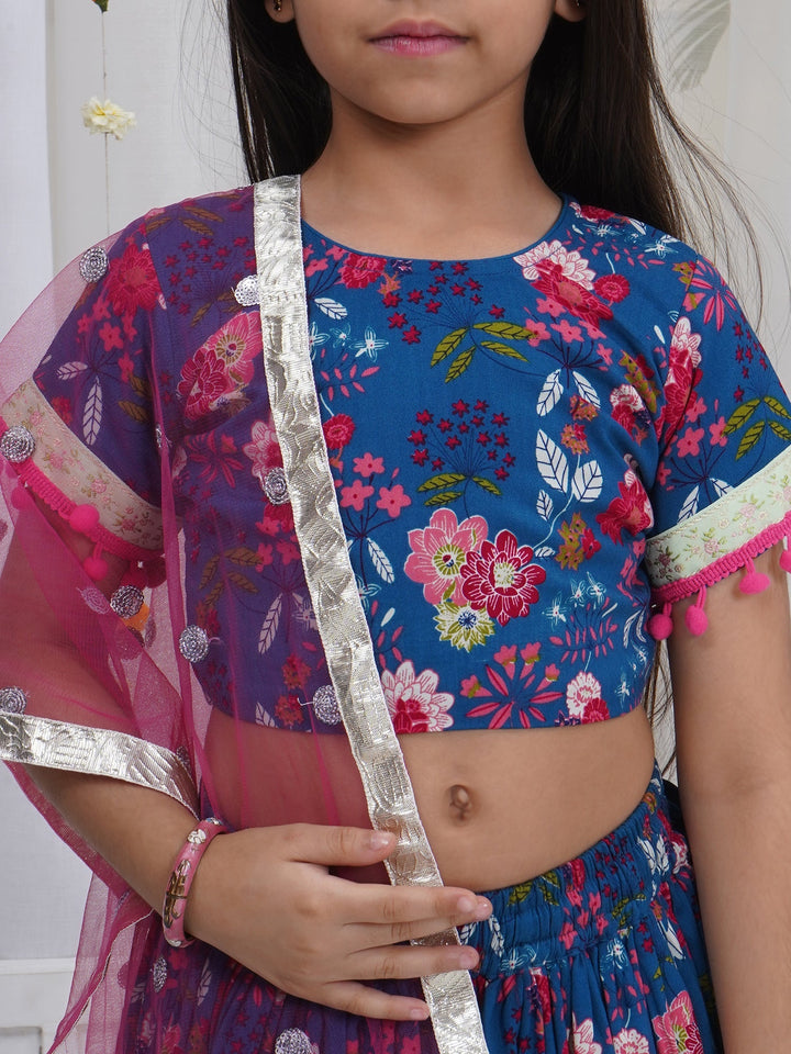 Girls Royal Blue Cotton Phoolon ki Bahar Lehenga Set | SHOBITAM