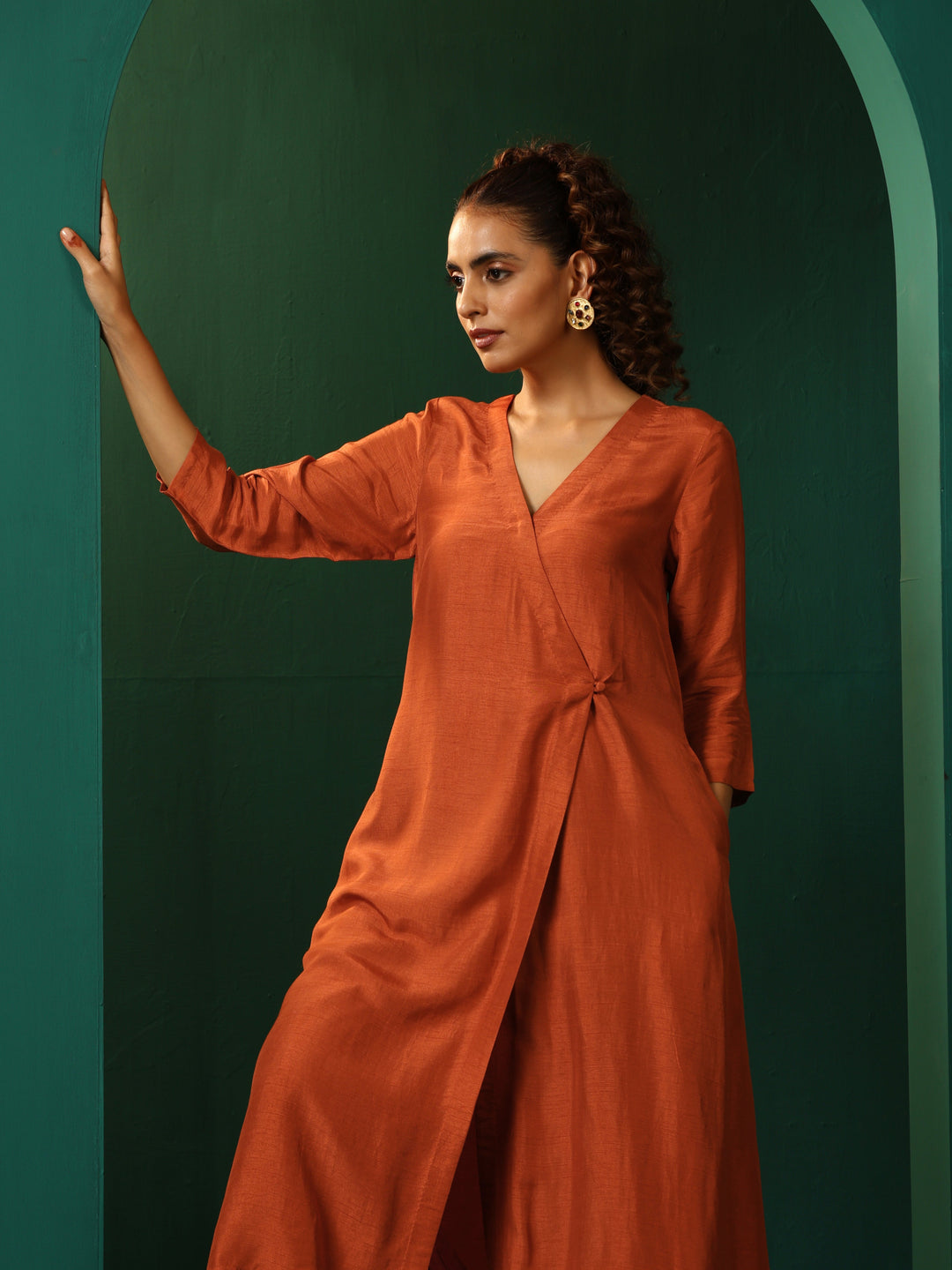 Rust Silk Angrakha Kurta Pant Set | SHOBITAM