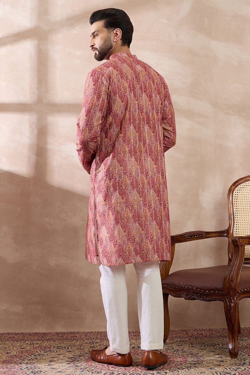 Pink Silk Blend Printed Mandarin Collar Straight Kurta With Trouser | SHOBITAM
