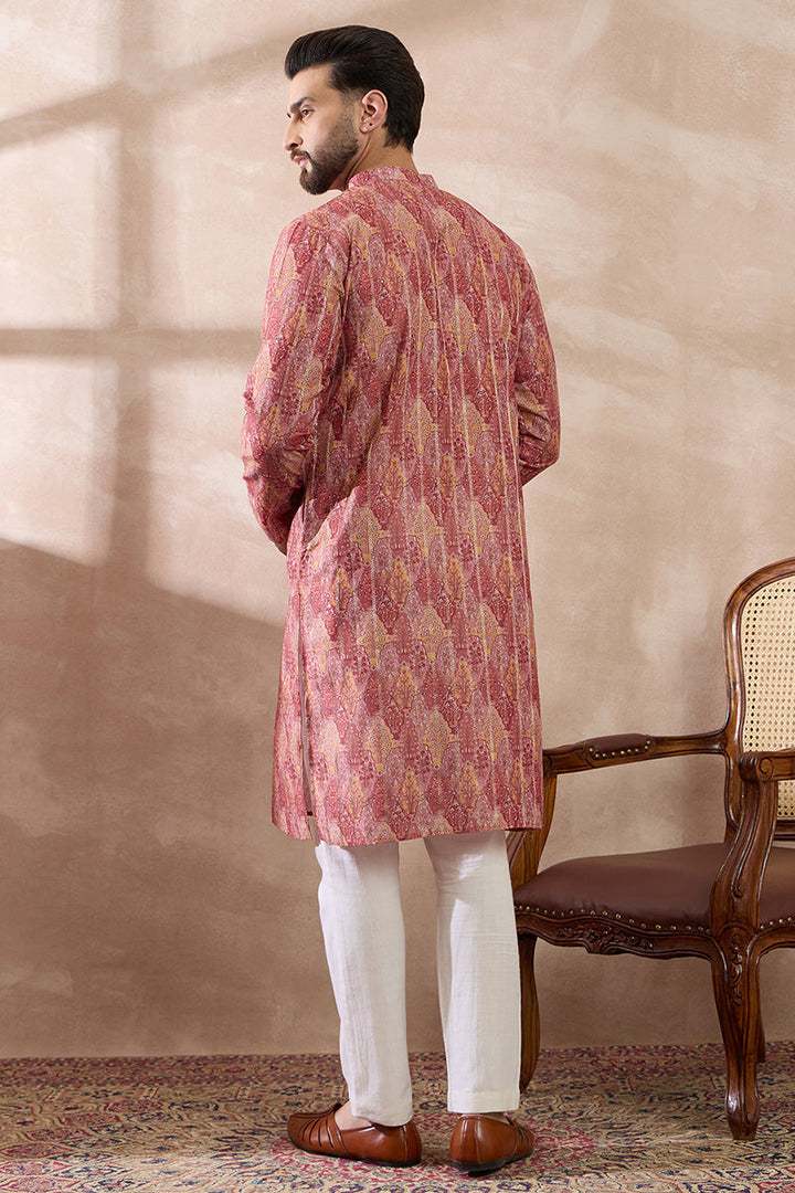 Pink Silk Blend Printed Mandarin Collar Straight Kurta With Trouser | SHOBITAM
