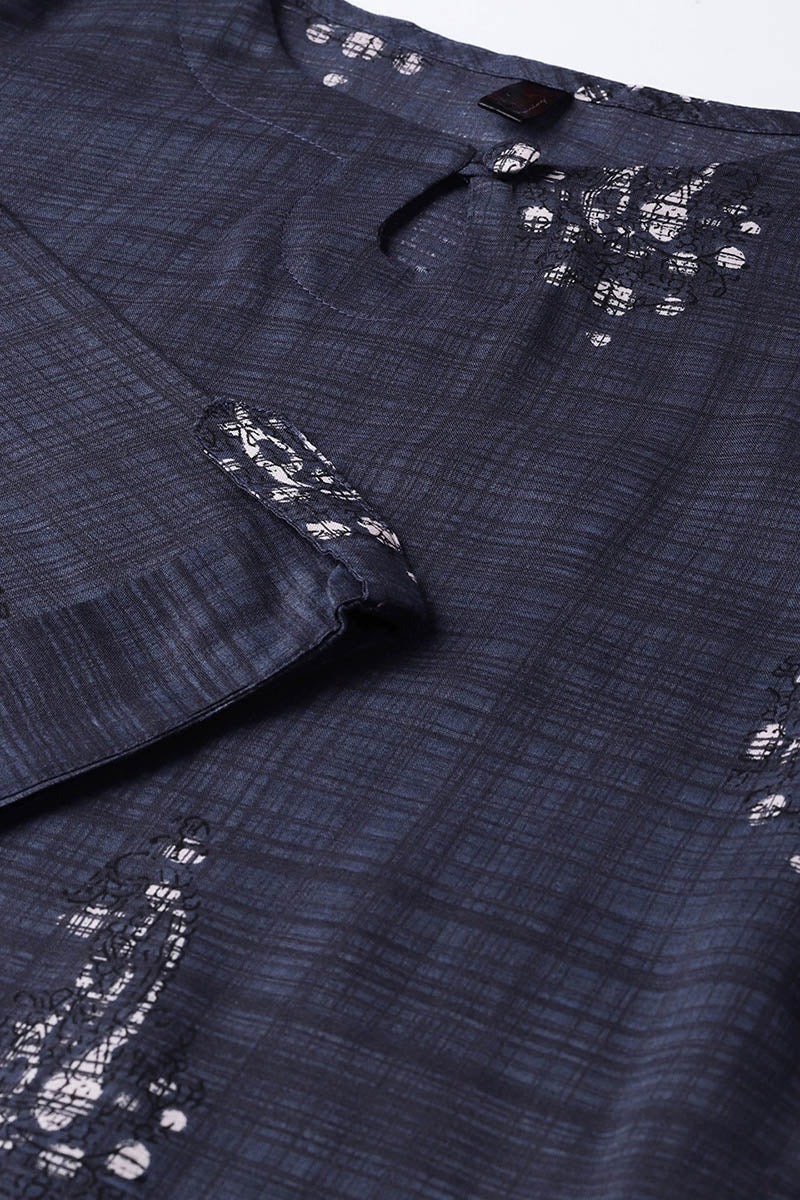 Rayon Blend Navy Blue and Off-White color Printed Straight Kurta | SHOBITAM