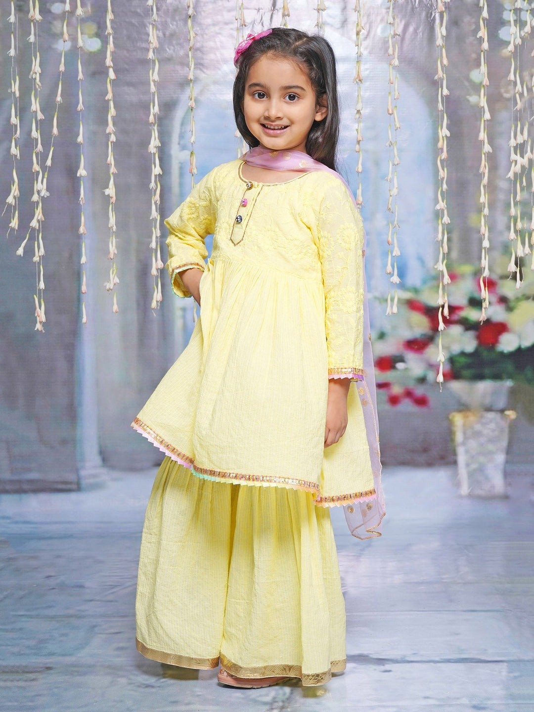 Floral Embroidery Kurta Sharara with Dupatta - Lemon Yellow | SHOBITAM