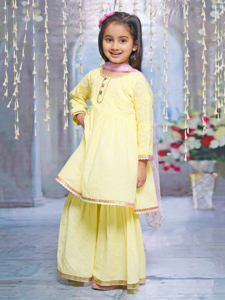 Floral Embroidery Kurta Sharara with Dupatta - Lemon Yellow | SHOBITAM