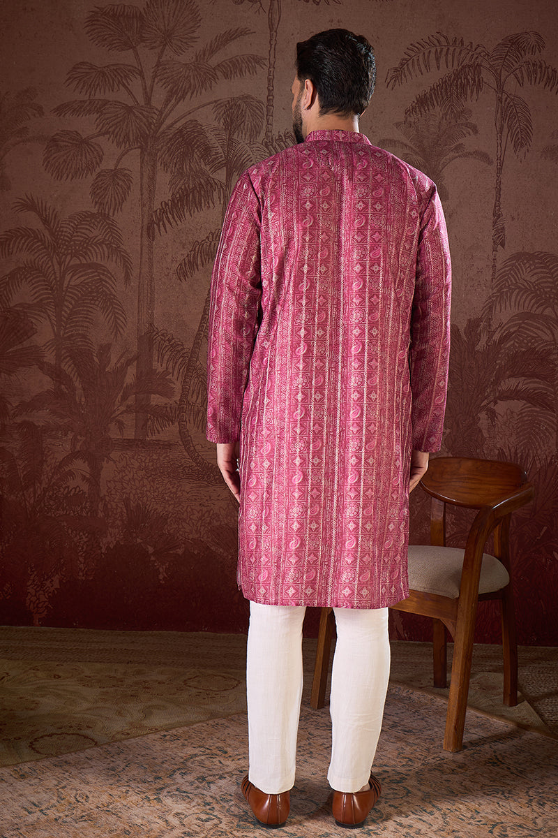 Maroon Silk Blend Ethnic Motifs Printed Straight Kurta With Trouser | SHOBITAM