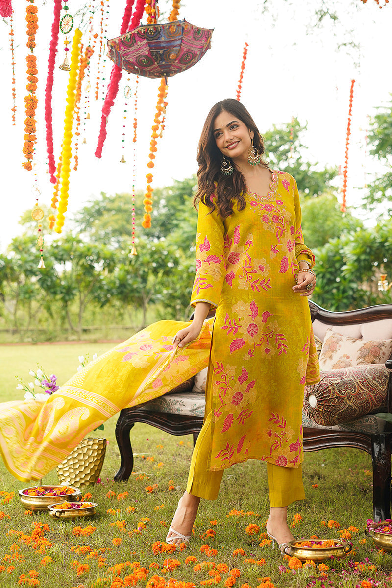 Yellow Viscose Rayon Floral Embroidered Straight Kurta Trousers With Dupatta | SHOBITAM