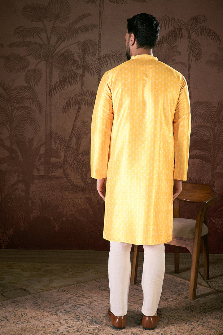 Yellow Silk Blend Ethnic Motifs Printed Straight Kurta For Men | SHOBITAM