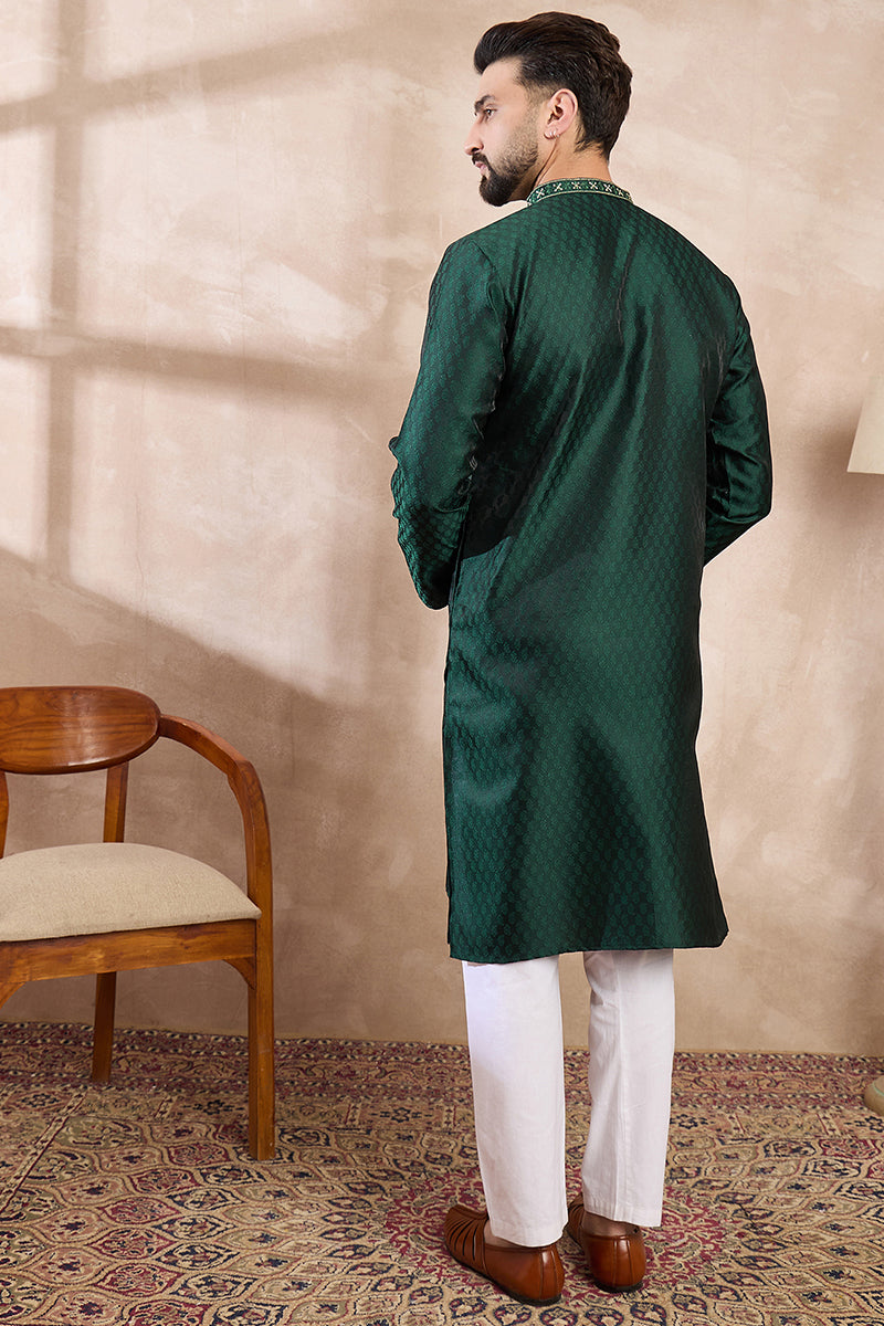 Green Silk Blend Solid Woven Design Straight Kurta For Men | SHOBITAM