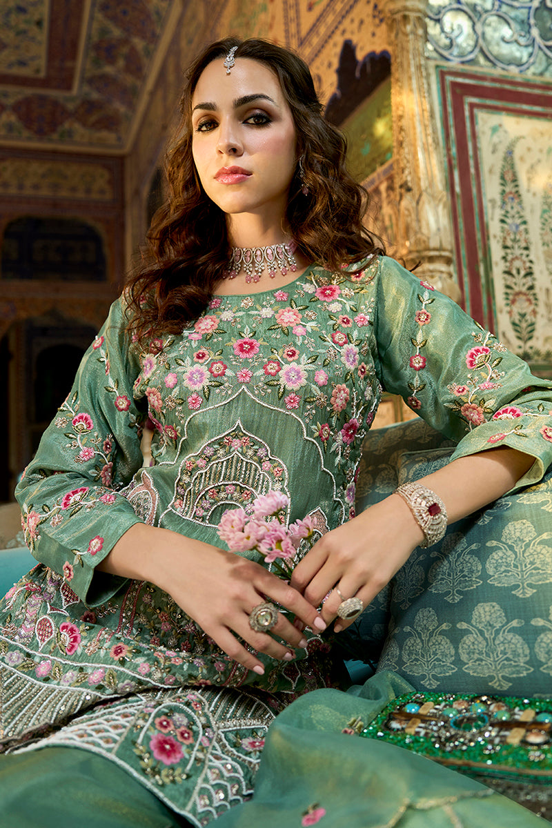 Green Solid Embroidered Straight Kurta Palaazo with Dupatta | SHOBITAM