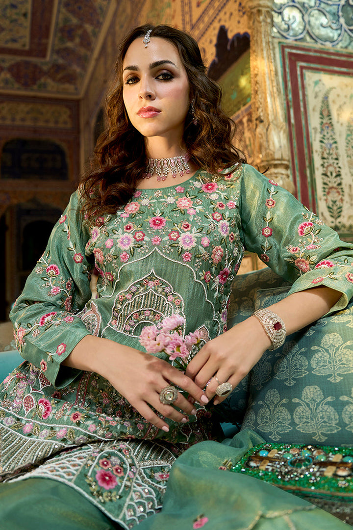 Green Solid Embroidered Straight Kurta Palaazo with Dupatta | SHOBITAM