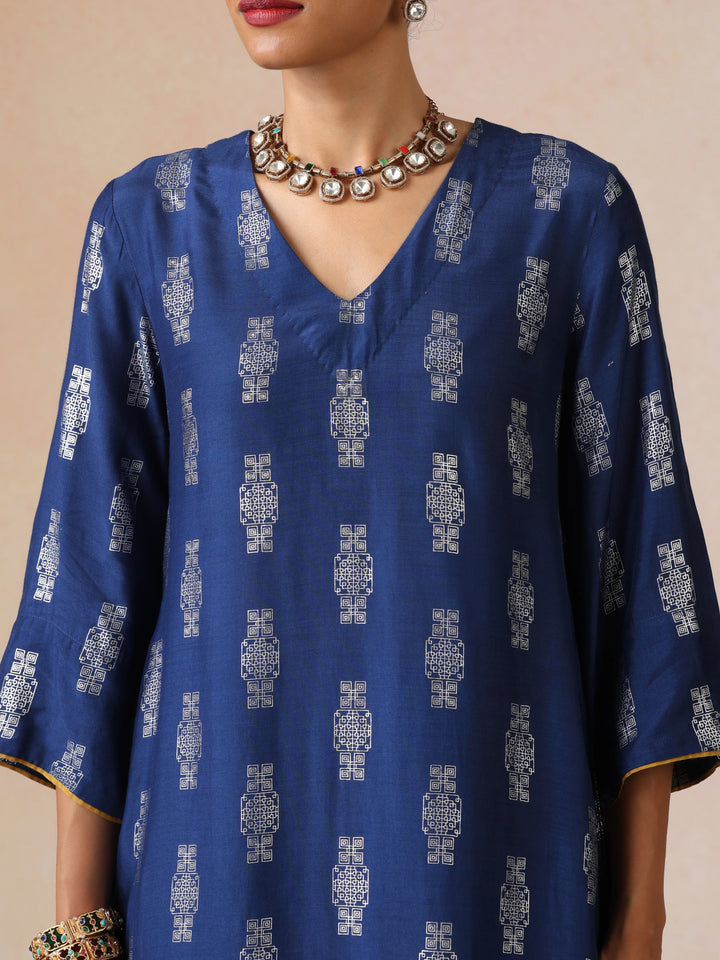 Blue Silver Foil Print Muslin Silk Kurta Farsi Pants Set| SHOBITAM
