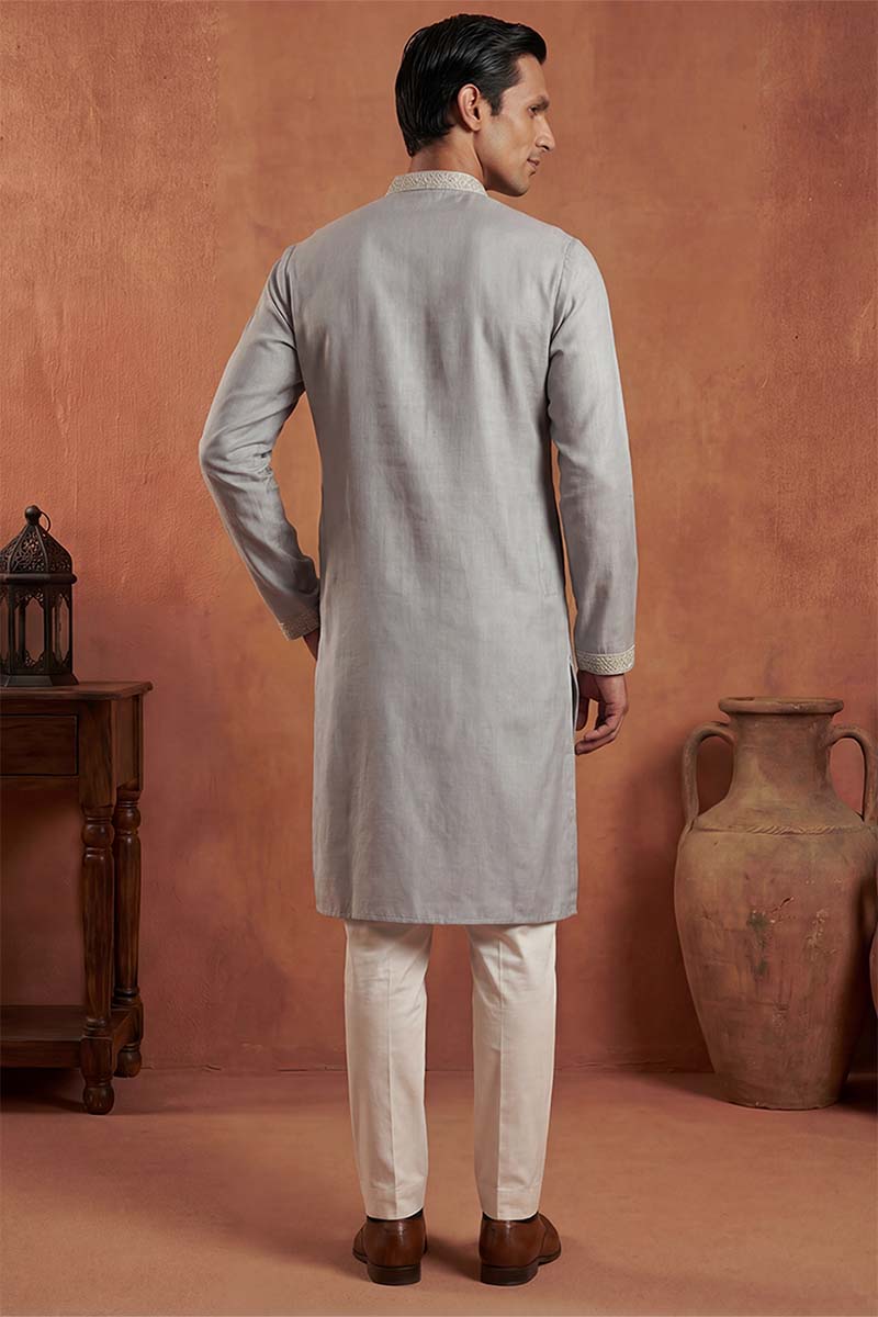 Mens Blue Silk Blend Solid Embroidered Kurta With Trousers | SHOBITAM