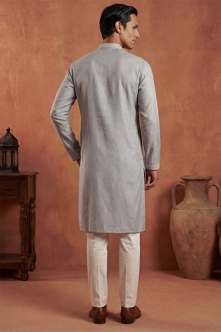 Mens Blue Silk Blend Solid Embroidered Kurta With Trousers | SHOBITAM