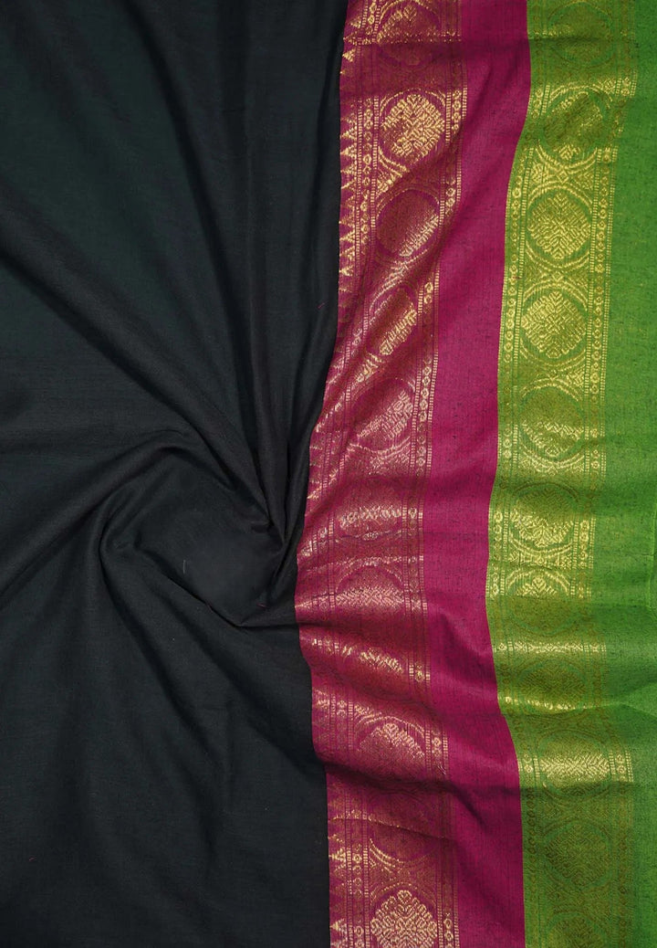 Jet Black Mul cotton Saree with 2 colors Border | SHOBITAM