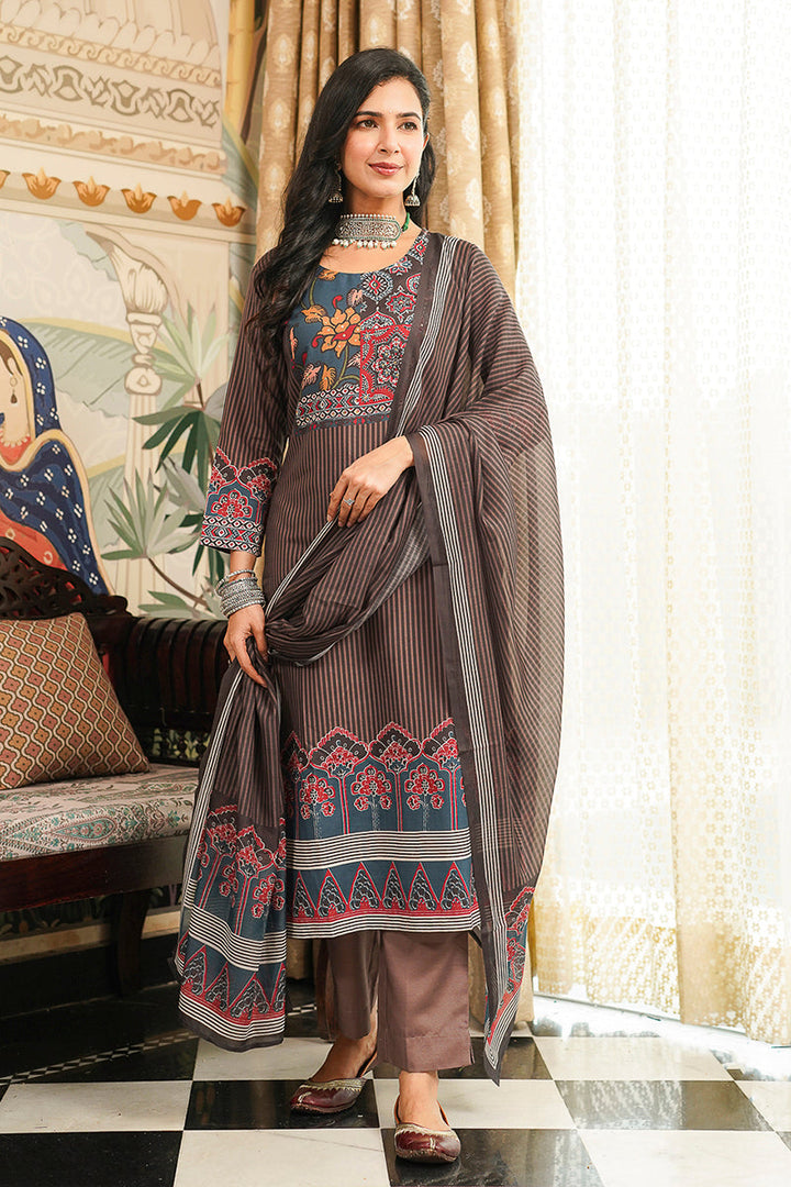 Brown Cotton Blend Ethnic Motifs Printed Straight Kurta Trousers With Dupatta | SHOBITAM