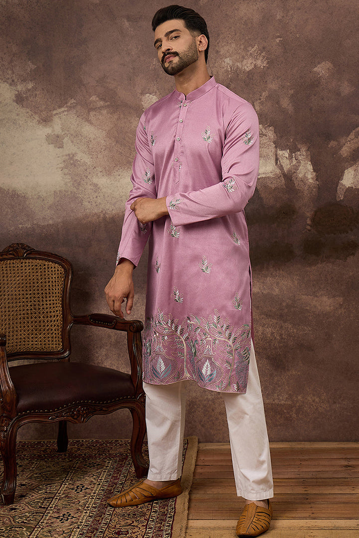 Pink Silk Blend Solid Embroidered Straight Kurta with Trouser | SHOBITAM