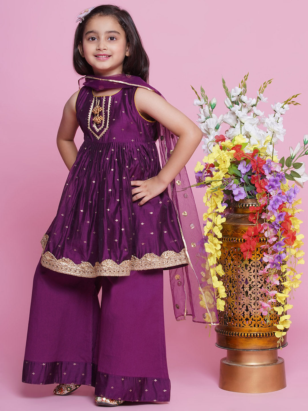 Girls Chanderi Cotton Sleeveless Kurta Frock with Plazzo and Dupatta with Boota, Lace & Tussel work - Royal Purple | SHOBITAM
