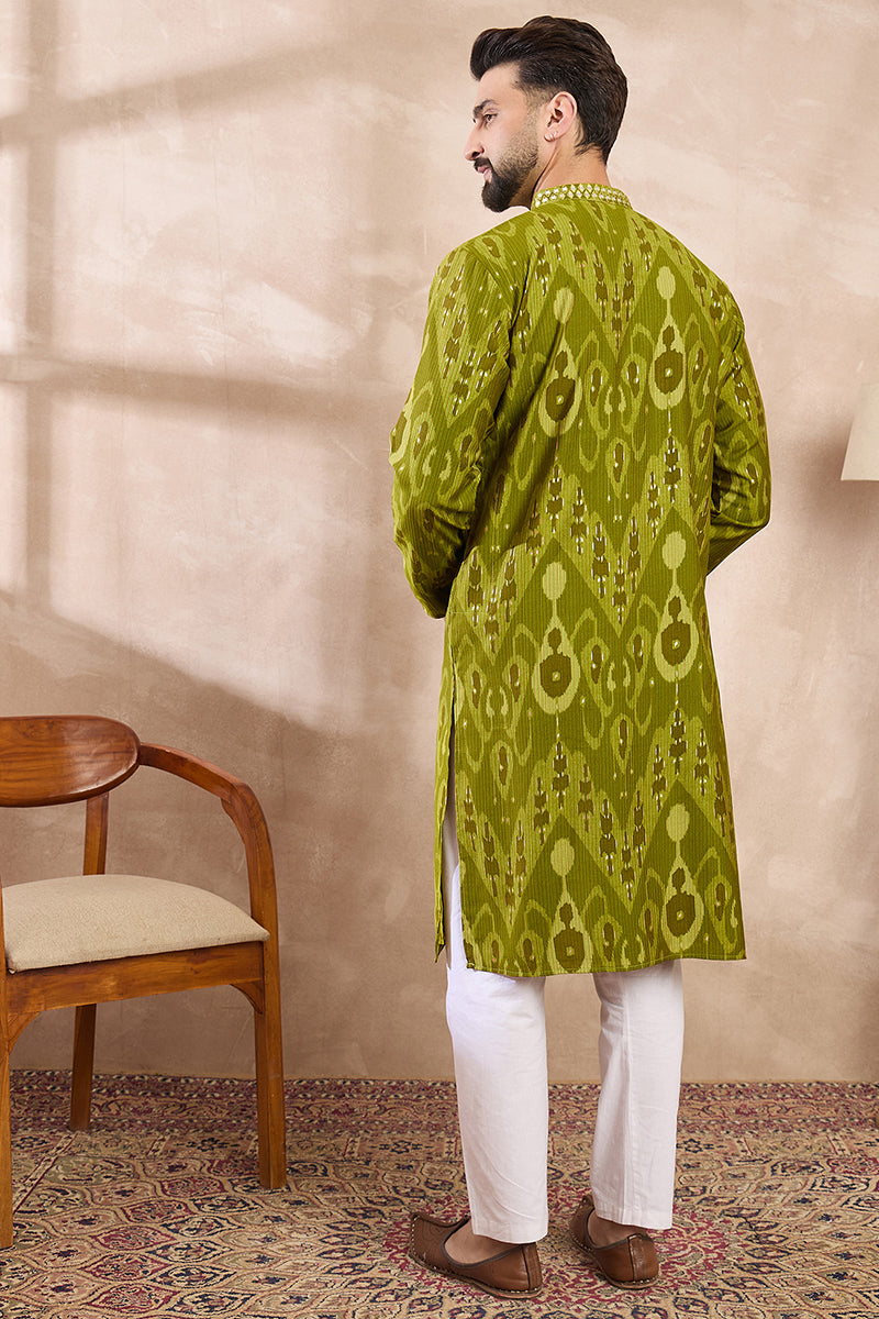 Green Viscose Rayon Chevron Printed Straight Kurta With Trouser | SHOBITAM