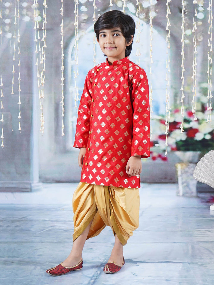 Boys Floral Embrodiery Sherwani with Dhoti -Red & Golden | SHOBITAM