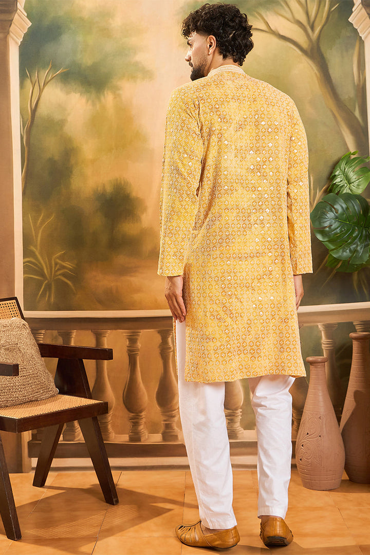 Yellow Viscose Rayon Shibori Embroidered Straight Kurta with Trouser | SHOBITAM