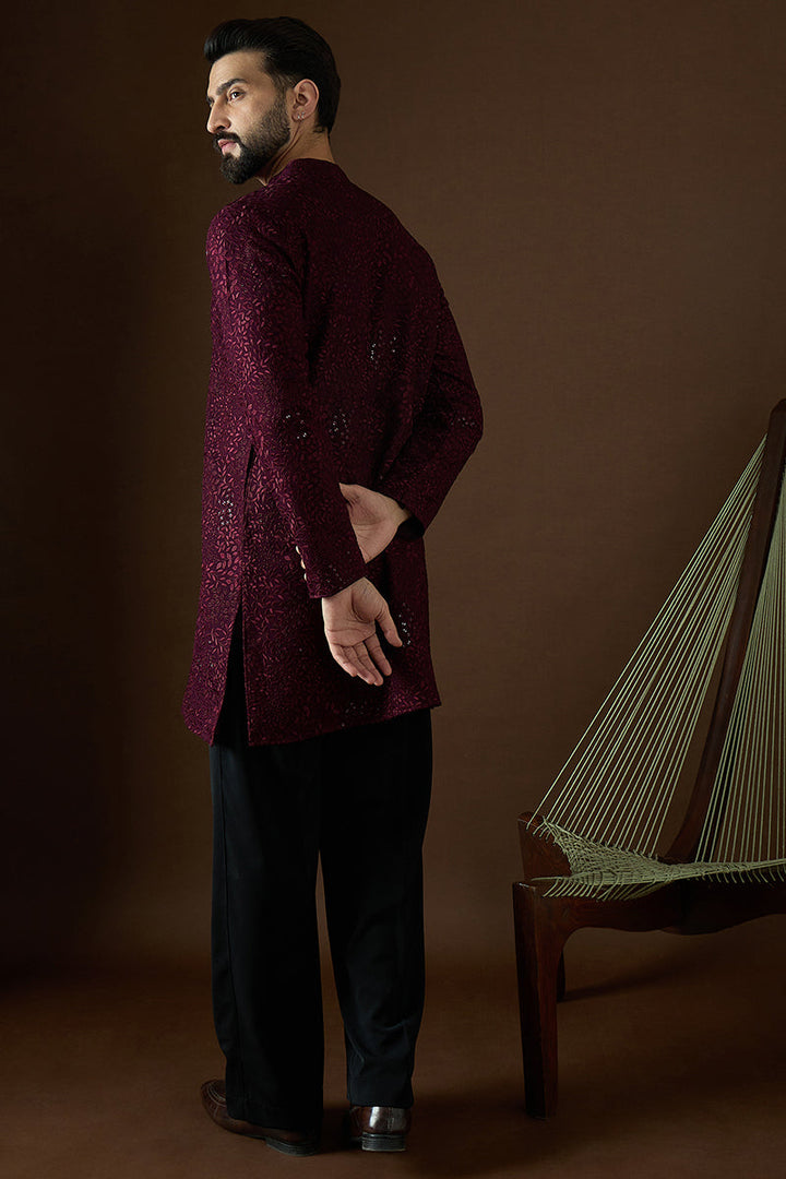 Wine Georgette Solid Embroidered Straight Kurta For Men | SHOBITAM
