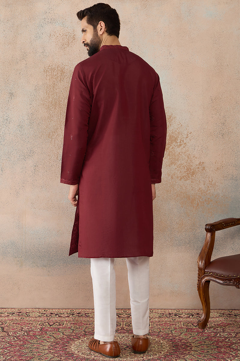 Mens Maroon Silk Blend Solid Emboidered Straight Kurta With Trouser | SHOBITAM