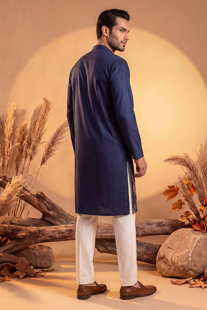 Mens Blue Silk Blend Solid Embroidered Kurta With Trousers | SHOBITAM
